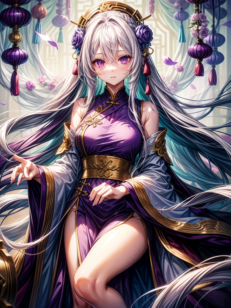 1girl, female, very long hair, white hair, hair covering one eye, purple eyes, purple petals, purple effects, chinese clothes, masterpiece, high quality, pastel colors, 