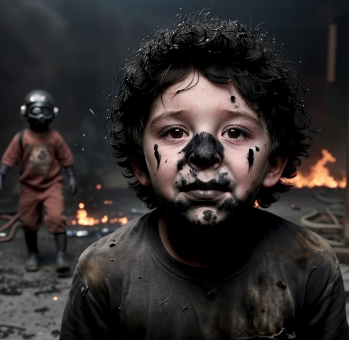 A boy covered in soot gets caught in an explosion during a comedy-drama explosion scene