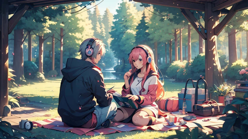 Woman wearing headphones, Anime Style 4 k, anime wallpaper 4k, anime wallpaper 4k, 4k anime wallpaper, anime art wallpaper 4k, anime art wallpaper 4k, Anime Style. 8K, Anime atmosphere, , Ultra HD Anime Wallpaper, Anime Art Wallpaper 8K, Anime Background,landscape、camp、camp、forest、picnic