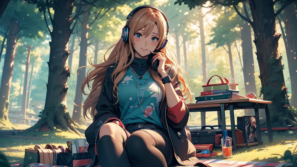 Woman wearing headphones, Anime Style 4 k, anime wallpaper 4k, anime wallpaper 4k, 4k anime wallpaper, anime art wallpaper 4k, anime art wallpaper 4k, Anime Style. 8K, Anime atmosphere, , Ultra HD Anime Wallpaper, Anime Art Wallpaper 8K, Anime Background,landscape、camp、camp、forest、picnic