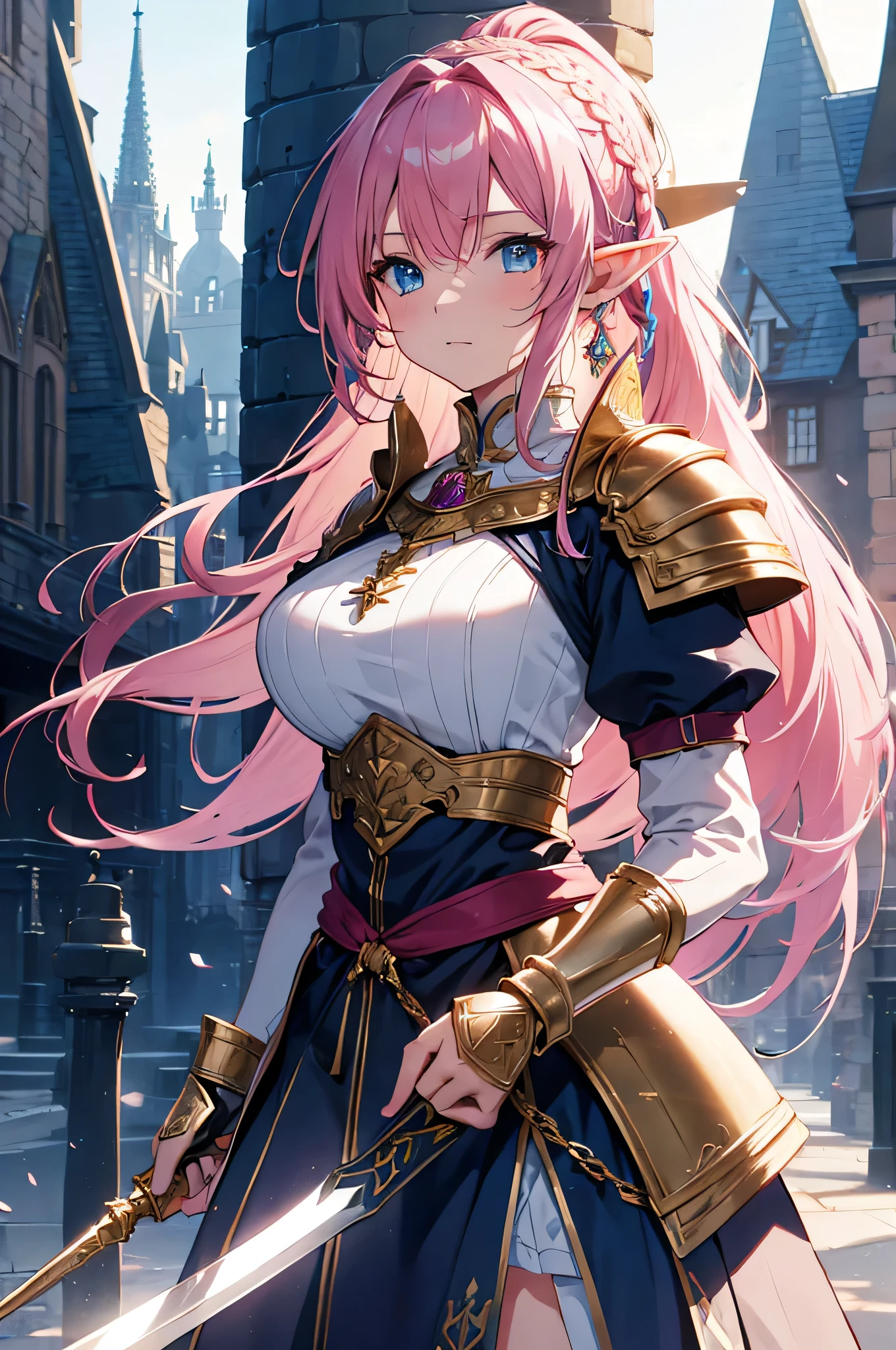 4K,High resolution,One Woman,Elf,Pink Hair,Long Ponytail,Braid,Blue Eyes,Big Breasts,knight,White sacred armor,Full Armor,hair band,Gold decoration,Jewelry decoration,Long sword,Medieval castle