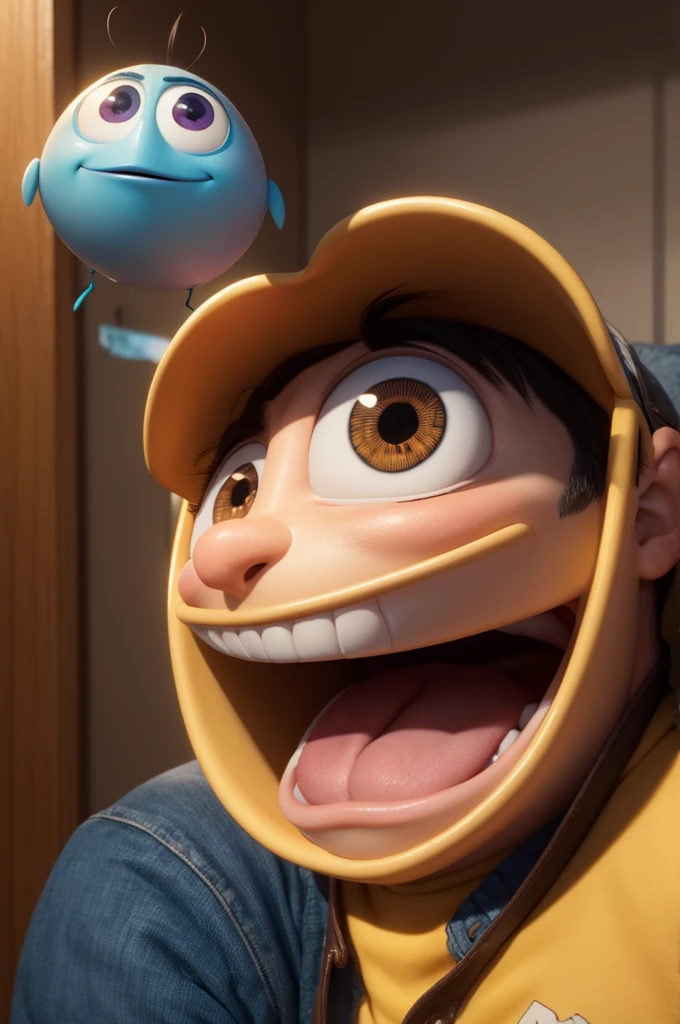 I want a photo of an emotion from the pixar movie. It&#39;s one with short brown hair, yellow skin, wears glasses and is holding books. She is happy.