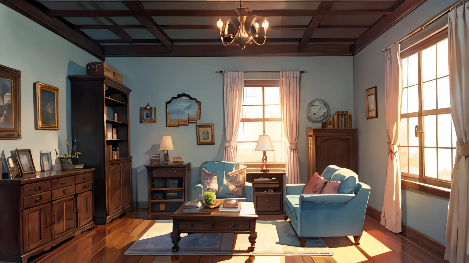 living room, watercolor style, anime style, small room, witch's room, cute, antique