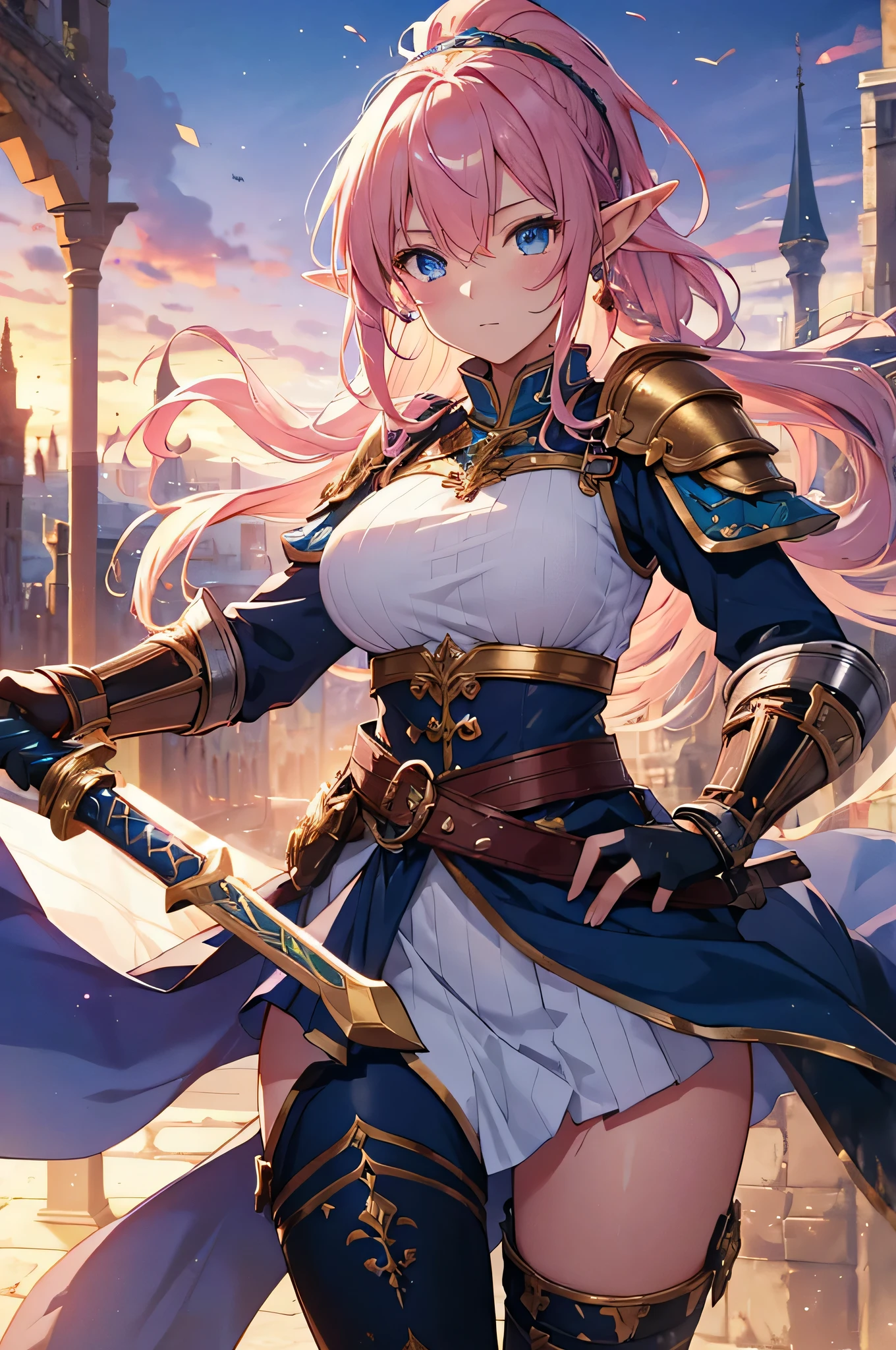 4K,High resolution,One Woman,Elf,Pink Hair,Long Ponytail,Braid,Blue Eyes,Big Breasts,knight,White sacred armor,Full Armor,hair band,Gold decoration,Jewelry decoration,Long sword,Medieval castle