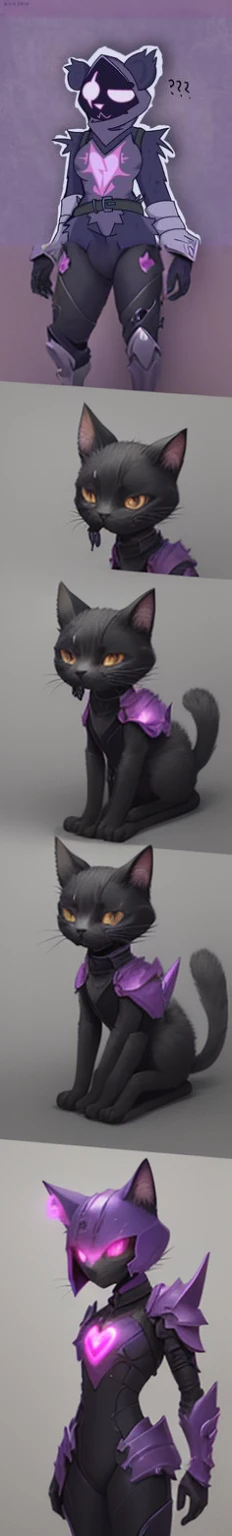 a cartoon cat with a pink heart, in opal armor, original art style by heartstone, Fuchsia skin under armor, purple glowing core in armor, chaos nightmare ❄️ amour venom, but the armor covers his face, shadow armor, wearing dark purple armor, Dark armor, overwatch shadow, evil aura, pale black armor