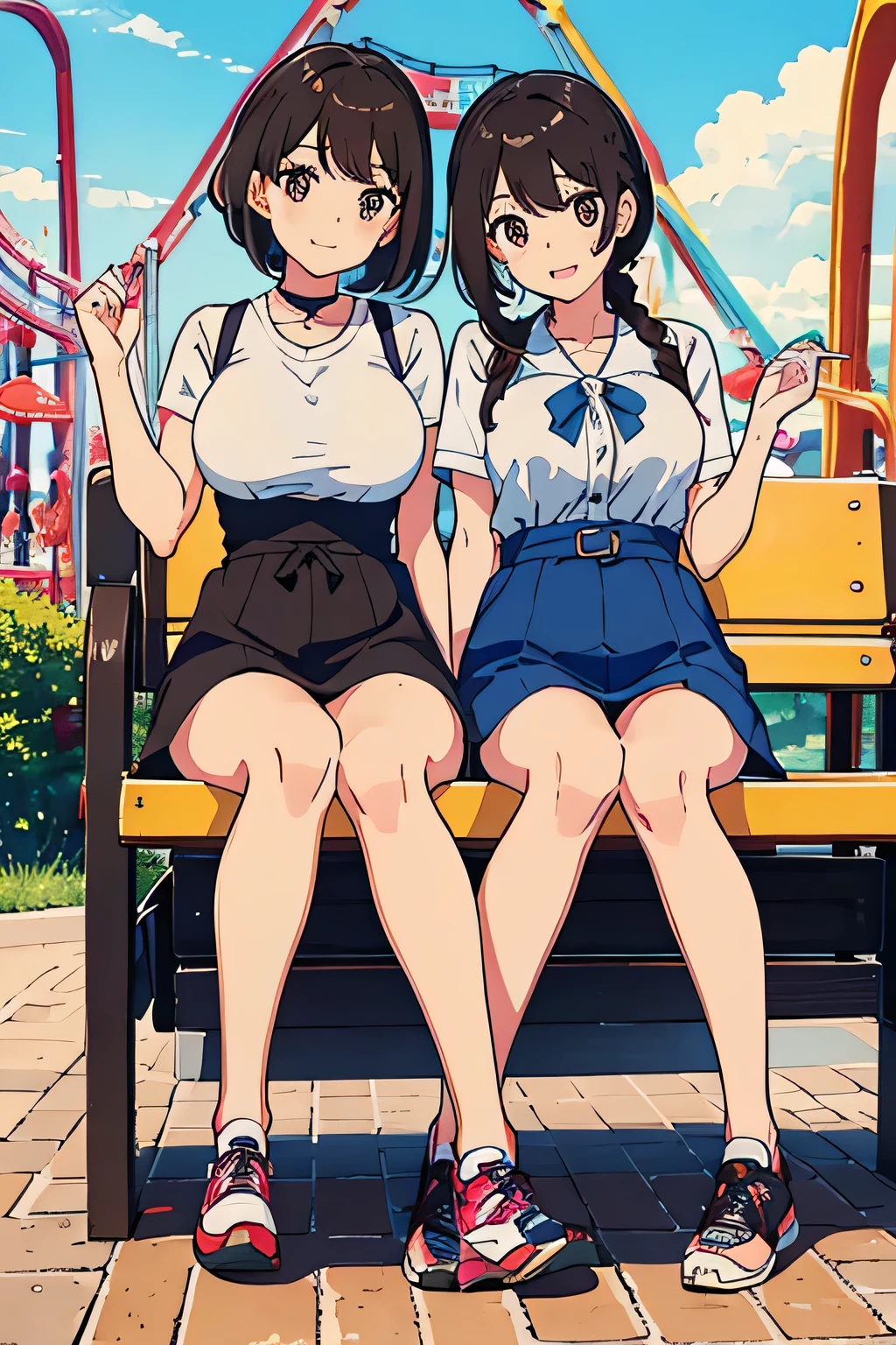 highest quality, Ultra-high resolution, (Realistic: )2D official style cel animation,((２Girls sitting in a row))high school girl、ponytail、White Big Ribbon、Short Bob、Hair band、Grey mini skirt,summer shirt,Unbutton、(Lace panties、Lace bra),loose socks,Full body portrait,(From below),Station stairs,sunny,Spread your legs、blush、Deep Kiss