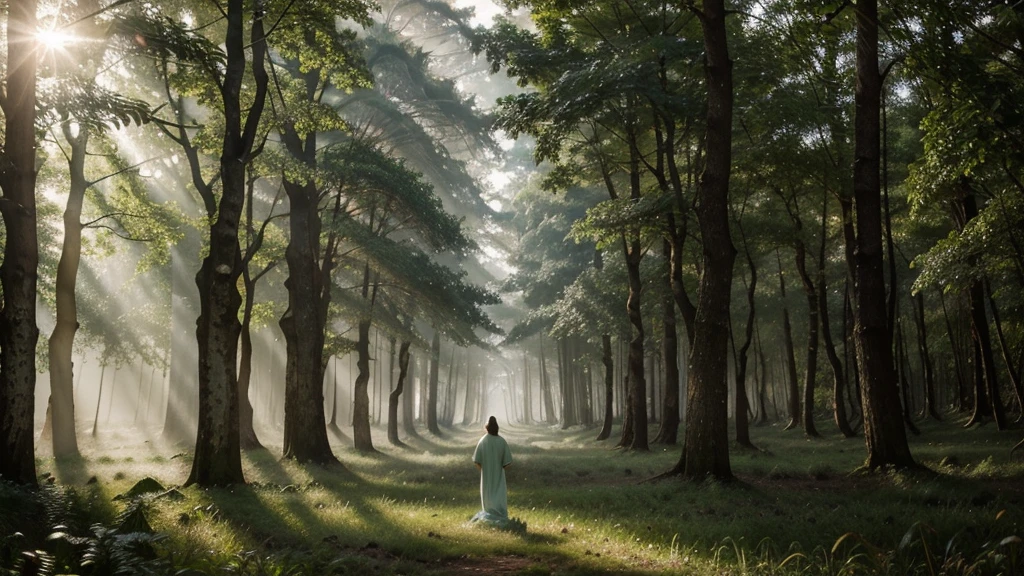 A mist-covered ancient forest at dawn, with sunlight filtering through the dense foliage. Amidst the trees stands a solitary figure, dressed in robes adorned with celestial symbols. Their gaze is fixed upwards, where a luminous portal hovers, radiating soft beams of light. Animals native to the forest gather around, peacefully observing this mystical scene, conveying a sense of harmony between nature and the spiritual realm."