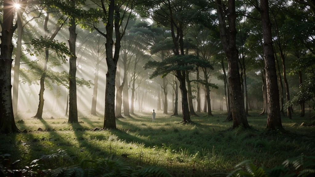 A mist-covered ancient forest at dawn, with sunlight filtering through the dense foliage. Amidst the trees stands a solitary figure, dressed in robes adorned with celestial symbols. Their gaze is fixed upwards, where a luminous portal hovers, radiating soft beams of light. Animals native to the forest gather around, peacefully observing this mystical scene, conveying a sense of harmony between nature and the spiritual realm."