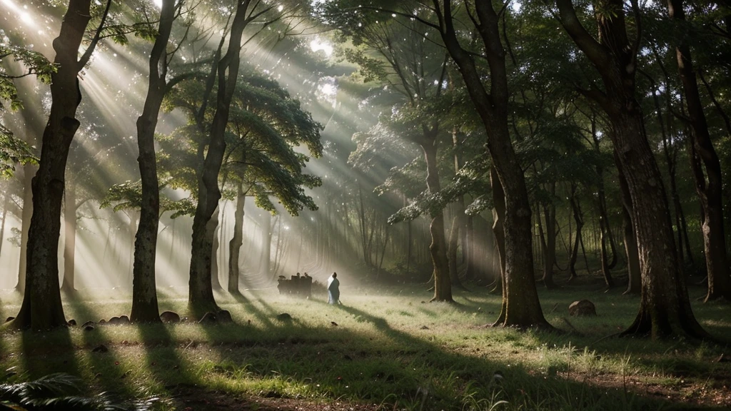 A mist-covered ancient forest at dawn, with sunlight filtering through the dense foliage. Amidst the trees stands a solitary figure, dressed in robes adorned with celestial symbols. Their gaze is fixed upwards, where a luminous portal hovers, radiating soft beams of light. Animals native to the forest gather around, peacefully observing this mystical scene, conveying a sense of harmony between nature and the spiritual realm."
