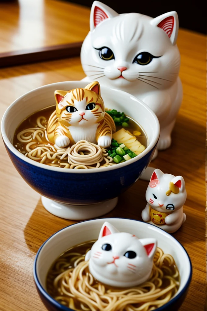 Maneki Neko cat savoring a delicious bowl of ramen