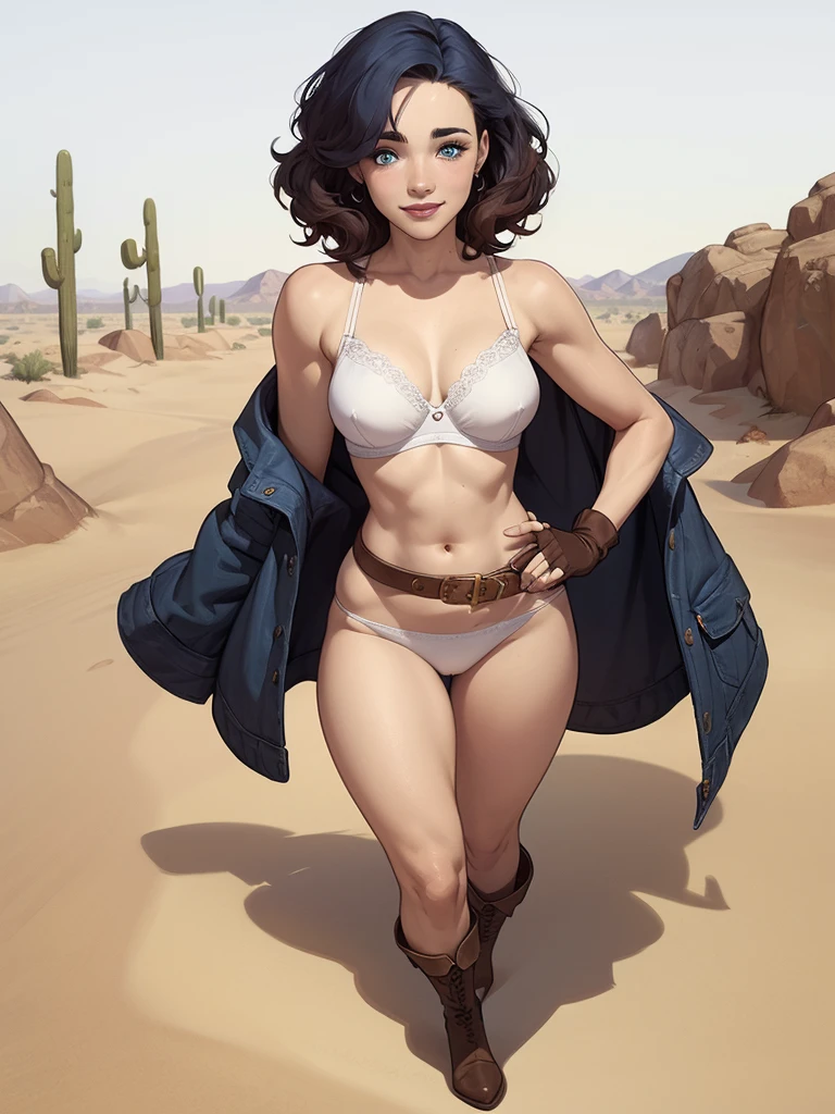 (cartoon style:1.2), Drawings of (Ginevra Molly Weasley), he used to smile, perfect green eyes, face detailed, White background, fun pose, seducing gaze,Full body wearing the Sanserina uniform, beautiful medium breasts and wonderful body cartoon style digital illustration. Wearing pantiesJennifer Connelly , , white bra, green vest, sleeveless, へそ, blue jeans, Brown boots, gloves fingerless, short gloves, slightly-smile, shorth hair, wavy hair, parted bangs, blue colored eyes, wart under the right eye, old american west, sunny desert background, waist belt, best qualityer, Artwork Jennifer Connelly nude without clothes, Beautiful breasts 