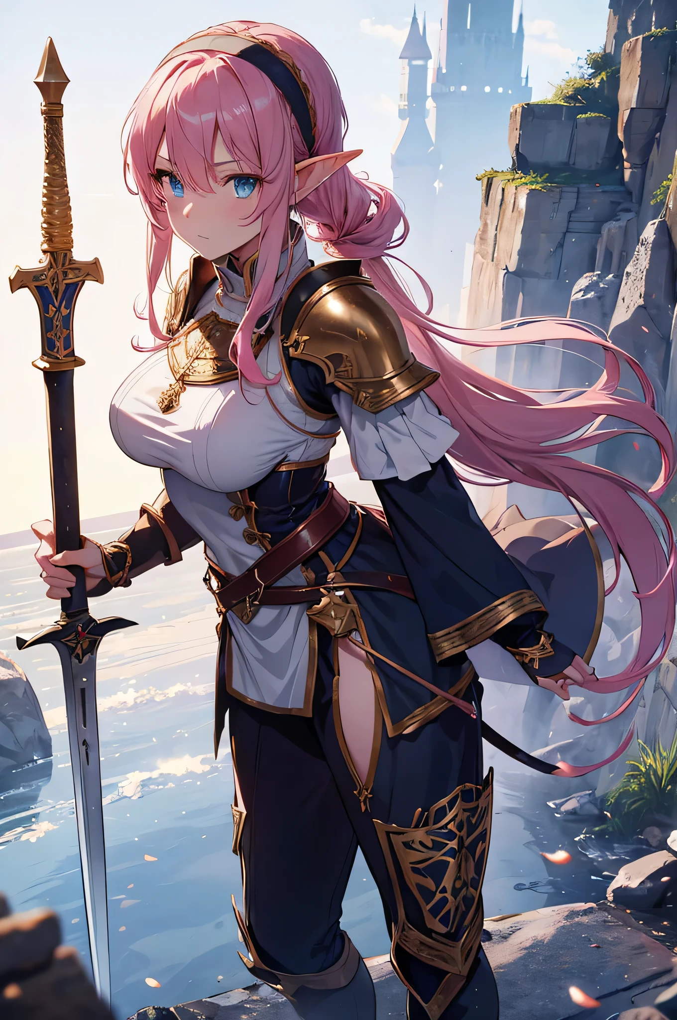 4K,High resolution,One Woman,Elf,Pink Hair,Long Ponytail,Braid,Blue Eyes,Big Breasts,knight,White sacred armor,Full Armor,hair band,Gold decoration,Jewelry decoration,Long sword,Medieval castle
