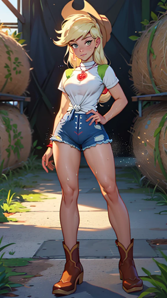 score_9, score_8_up, score_7_up, score_6_up, score_5_up, score_4_up, (Applejack from equestria girls), (1girl), movie accurate equestria girls, big breasts, athletic, beautiful, full body, freckles, female, long hair, vector, cute, natural light, dust in the air, inside a barn, zPDXL2, (best jean shorts, bestj3an5, frayed jean shorts, flossing, camel toe), plaid knotted shirt, low cut shirt, button shirt, see-through_silhouette,white_shirt, no bra, wearing cowboy hat, wearing cowboy boots, lifting hay bale, (dripping sweat)