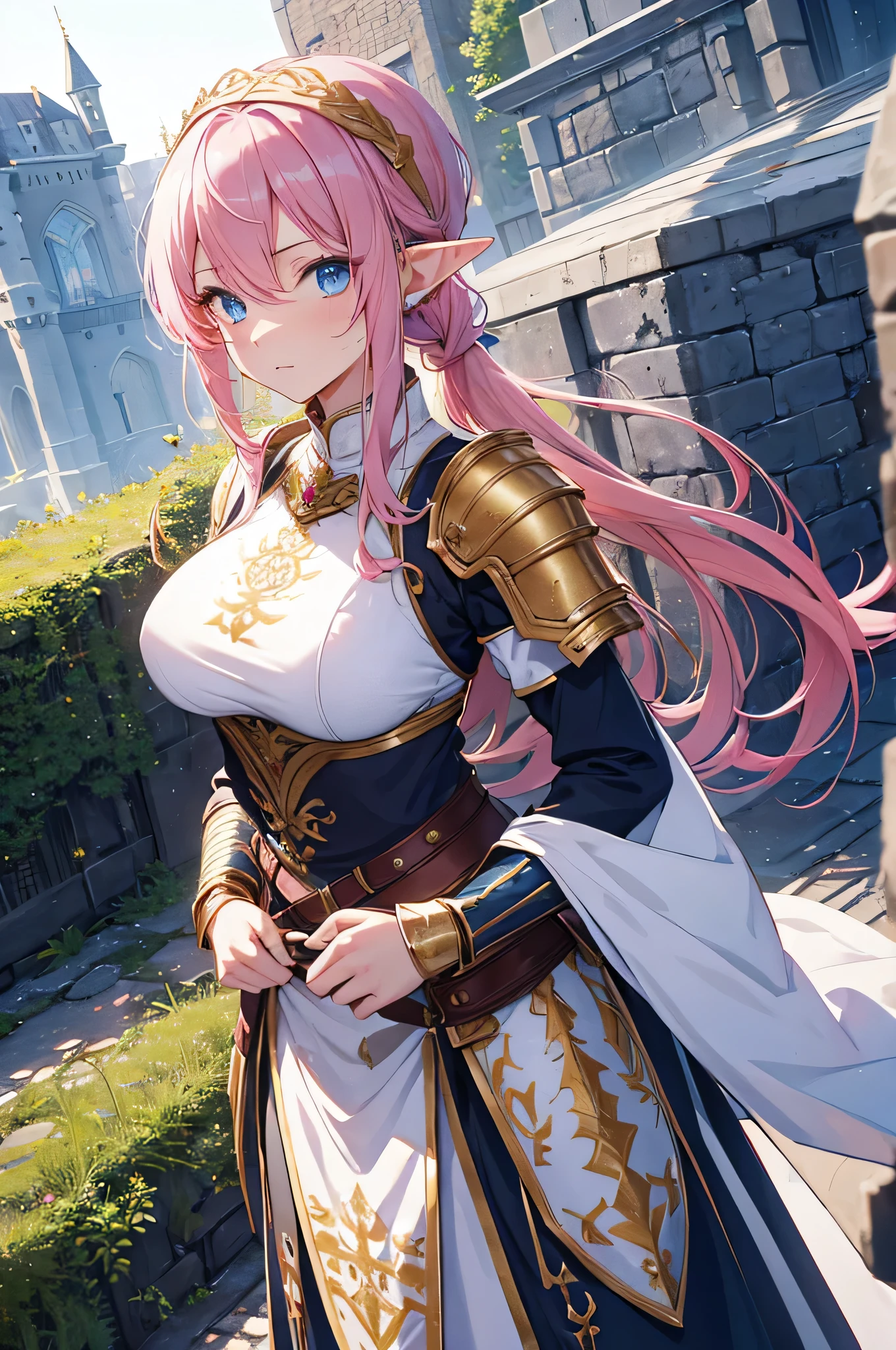 4K,High resolution,One Woman,Elf,Pink Hair,Long Ponytail,Braid,Blue Eyes,Big Breasts,knight,White sacred armor,Full Armor,hair band,Gold decoration,Jewelry decoration,Long sword,Medieval castle