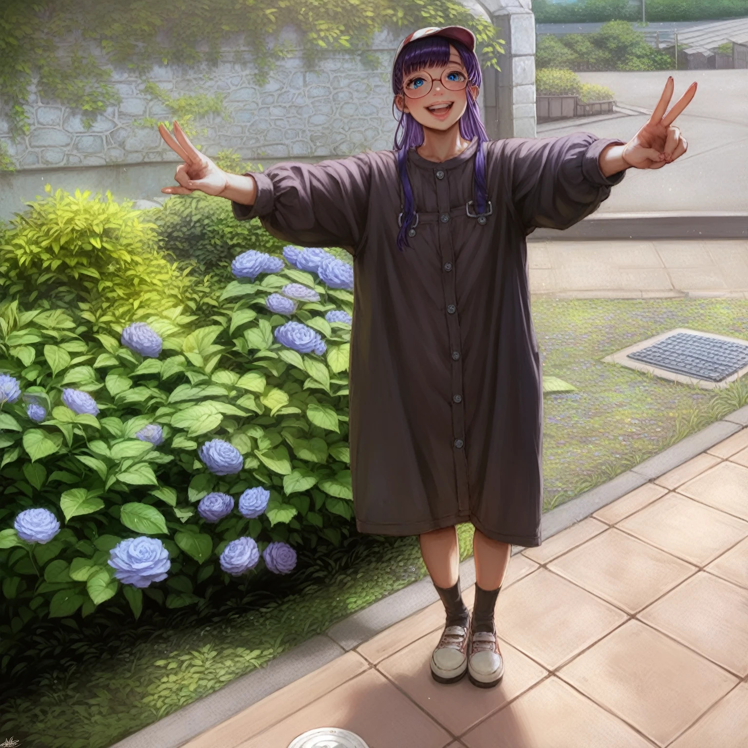 (Tabletop, Highest quality:1.4), (close:1.5) (Face Focus:1.5), One Girl, alone, (European youth:1), Arale, Glasses, blue eyes, Long Hair, Purple Hair, Short sleeve, Wing Hat, (Wing Cap), Red Shirt, Blue Overalls, View your viewers, Beautiful smile, Beautiful Face, Highly detailed face, Highly detailed eyes, Highly detailed skins, Skin pores, Scattered beneath the surface, Realistic pupils, Apply blush all over the face, Fuller lips, Detailed Background, Depth of written boundary, Volumetric lighting, Sharp focus, Absurd, Realistic proportions, Excellent anatomy, (Realistic, 超Realisticな:1.4), 16k hdr,