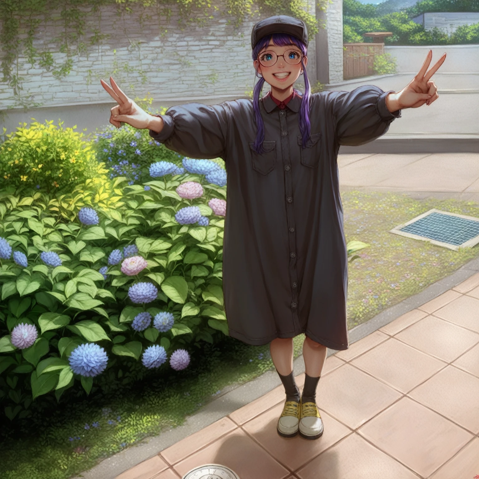 (Tabletop, Highest quality:1.4), (close:1.5) (Face Focus:1.5), One Girl, alone, (European youth:1), Arale, Glasses, blue eyes, Long Hair, Purple Hair, Short sleeve, Wing Hat, (Wing Cap), Red Shirt, Blue Overalls, View your viewers, Beautiful smile, Beautiful Face, Highly detailed face, Highly detailed eyes, Highly detailed skins, Skin pores, Scattered beneath the surface, Realistic pupils, Apply blush all over the face, Fuller lips, Detailed Background, Depth of written boundary, Volumetric lighting, Sharp focus, Absurd, Realistic proportions, Excellent anatomy, (Realistic, 超Realisticな:1.4), 16k hdr,