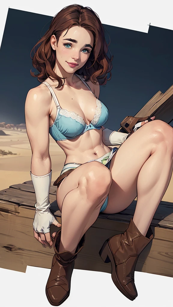 (cartoon style:1.2), Drawings of (Ginevra Molly Weasley), he used to smile, perfect green eyes, face detailed, White background, fun pose, seducing gaze,Full body wearing the Sanserina uniform, beautiful medium breasts and wonderful body cartoon style digital illustration. Wearing pantiesJennifer Connelly , , white bra, green vest, sleeveless, へそ, blue jeans, Brown boots, gloves fingerless, short gloves, slightly-smile, shorth hair, wavy hair, parted bangs, blue colored eyes, wart under the right eye, old american west, sunny desert background, waist belt, best qualityer, Artwork Jennifer Connelly nude without clothes, Beautiful breasts