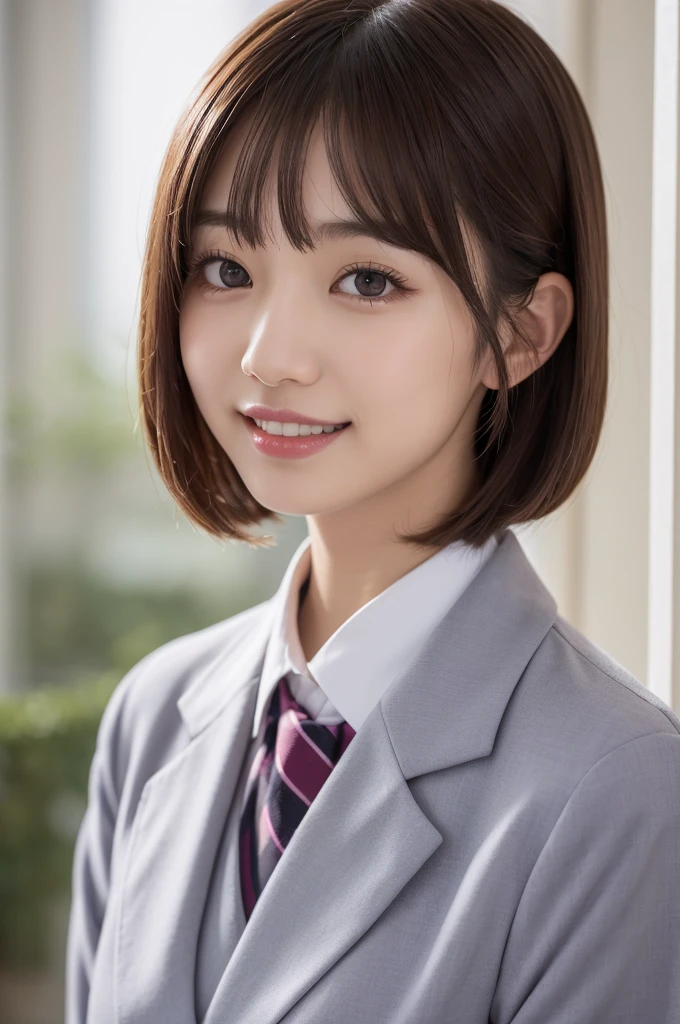 Iris, woman1名, (woman)), alone, Genuine, Highest quality, photoGenuineistic, masterpiece, 8K, High Definition, alone, HDTV Face, Soft lighting, Bedroom, ((Daytime)), null, (looking at the camera), (Portraiture: 0.6), whole body, (Medium Hair), ponytail, Brown Hair, Floating Hair, lips, lipstick, seductive smile, Floating Hair, smile, Open your mouth, teeth, eyelash, Nogizaka46, Moeka Tada, Akari Suda, Idol, beautiful girl, ((uniform)), (((Are standing))