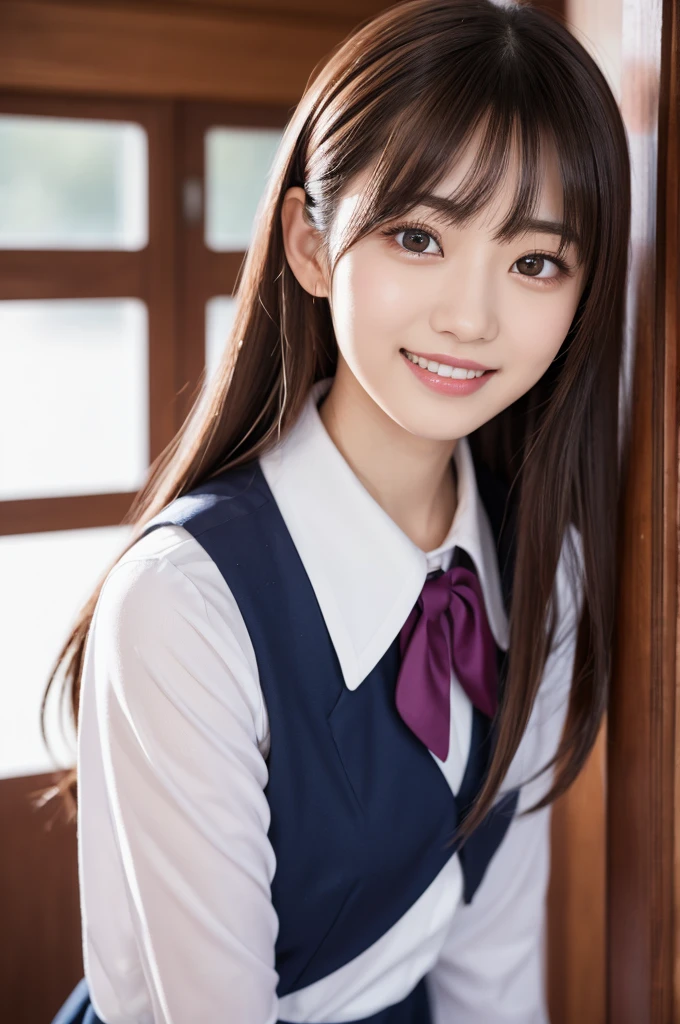 Iris, woman1名, (woman)), alone, Genuine, Highest quality, photoGenuineistic, masterpiece, 8K, High Definition, alone, HDTV Face, Soft lighting, Bedroom, ((Daytime)), null, (looking at the camera), (Portraiture: 0.6), whole body, (Medium Hair), ponytail, Brown Hair, Floating Hair, lips, lipstick, seductive smile, Floating Hair, smile, Open your mouth, teeth, eyelash, Nogizaka46, Moeka Tada, Akari Suda, Idol, beautiful girl, ((uniform)), (((Are standing))
