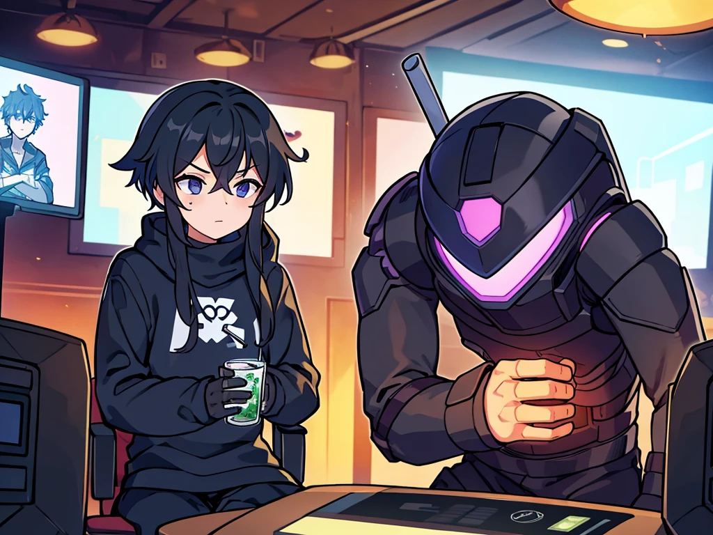 into the image, To the left, we have an anime style character. He's sitting in a comfortable chair, wearing nightwear, including a pair of black sweatpants. The environment around him is a dark room with a gamer setup in the background., illuminated only by the lights of monitors and keyboards.

The character is holding a beautiful beer, appearing relaxed and enjoying the moment. On the right side of the character, there is a robot that is standing, also holding a drink. It looks like the two are in a lively conversation, perhaps discussing something related to gaming or technology, given the presence of the gamer setup in the background.

The scene conveys a relaxed and modern atmosphere, combining anime elements with technology and a gamer environment.