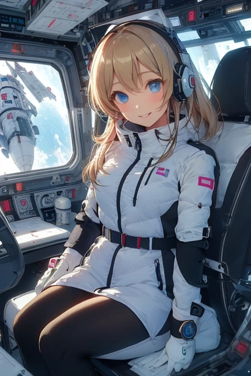 masterpiece, highest quality, high resolution, breasts, 20yo,1 girl,(solo):2,,blonde hair,(inside space station):2,flying:2,floatong:2,zero gravity,wind:1.5,anime lovelive style,
BREAK
headphone,(futurstic tight-fit bodysuit):2,(shiny silver long downvest):100,(northface silver metallic puffy downvest):2,(puffy):2,(black sleeves):5,(black tights):2,(black belt),futuristic boots and gloves,(smartwatch):100,astrovest
BREAK
1 girls, sitting in spacecraft cabin with 4-point seat belt, securely fastened, space station interior, looking out of large windows at Earth below, beautiful eyes, she have aluminum foil pouch,(aluminum foil pouch with plastic viewing window):2, contains nutritious liquid or puree together, smiling and chatting, bright and cheerful expressions, high quality cinematic lighting, detailed textures, sharp focus,blue hair,blue eyes,