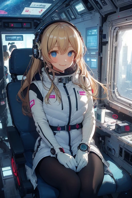 masterpiece, highest quality, high resolution, breasts, 20yo,1 girl,(solo):2,,blonde hair,(inside space station):2,flying:2,floatong:2,zero gravity,wind:1.5,anime lovelive style,

BREAK
headphone,(futurstic tight-fit bodysuit):2,(shiny silver long downvest):100,(northface silver metallic puffy downvest):2,(puffy):2,(black sleeves):5,(black tights):2,(black belt),futuristic boots and gloves,(smartwatch):100,astrovest
BREAK
1 girls, sitting in spacecraft cabin with 4-point seat belt, securely fastened, space station interior, looking out of large windows at Earth below, beautiful eyes, she have aluminum foil pouch,(aluminum foil pouch with plastic viewing window):2, contains nutritious liquid or puree together, smiling and chatting, bright and cheerful expressions, high quality cinematic lighting, detailed textures, sharp focus,blue hair,blue eyes,
