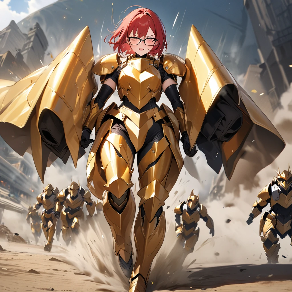 Top quality, masterpiece, beautiful girl,Red Hair,short hair,Glasses,Heavy Armor,(Ride a big bike),
Golden powered armor, full armor, powered leg,battle Armor

