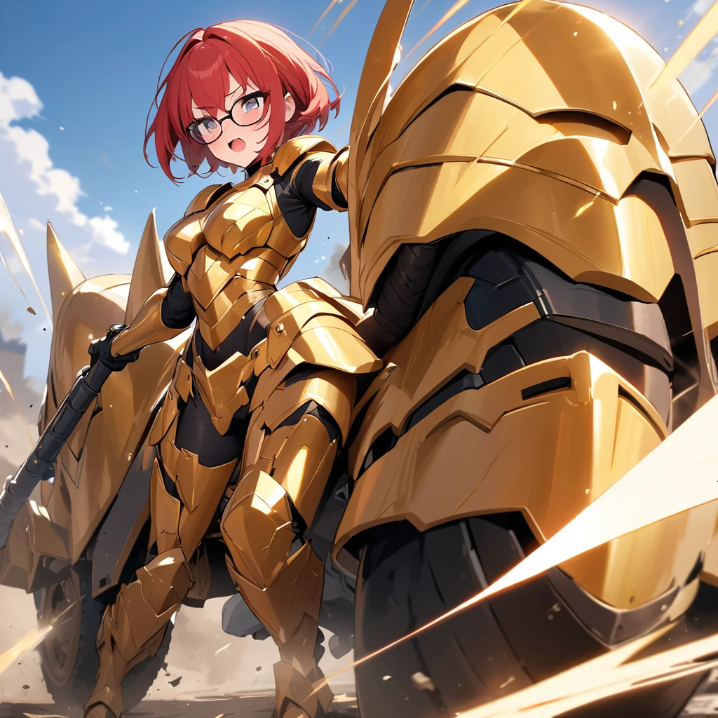 Top quality, masterpiece, beautiful girl,Red Hair,short hair,Glasses,Heavy Armor,(Ride a big bike),
Golden powered armor, full armor, powered leg,battle Armor

