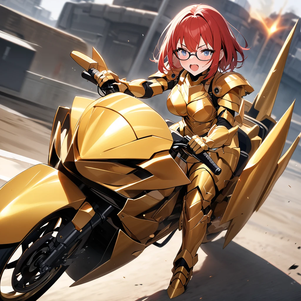 Top quality, masterpiece, beautiful girl,Red Hair,short hair,Glasses,Heavy Armor,(Ride a big bike),
Golden powered armor, full armor, powered leg,battle Armor

