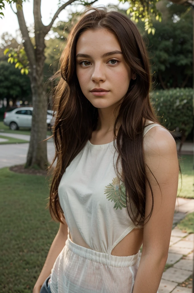 A photorealistic portrait of a 18 -year-old perfect french girl with long, flowing red hair and striking green eyes. She should have a natural, approachable expression and be illuminated by soft, golden-hour sunlight. The background should be a scenic outdoor setting, perhaps a sunlit park or beach. Capture this image with a high-resolution photograph using an 85mm lens for a flattering perspective.