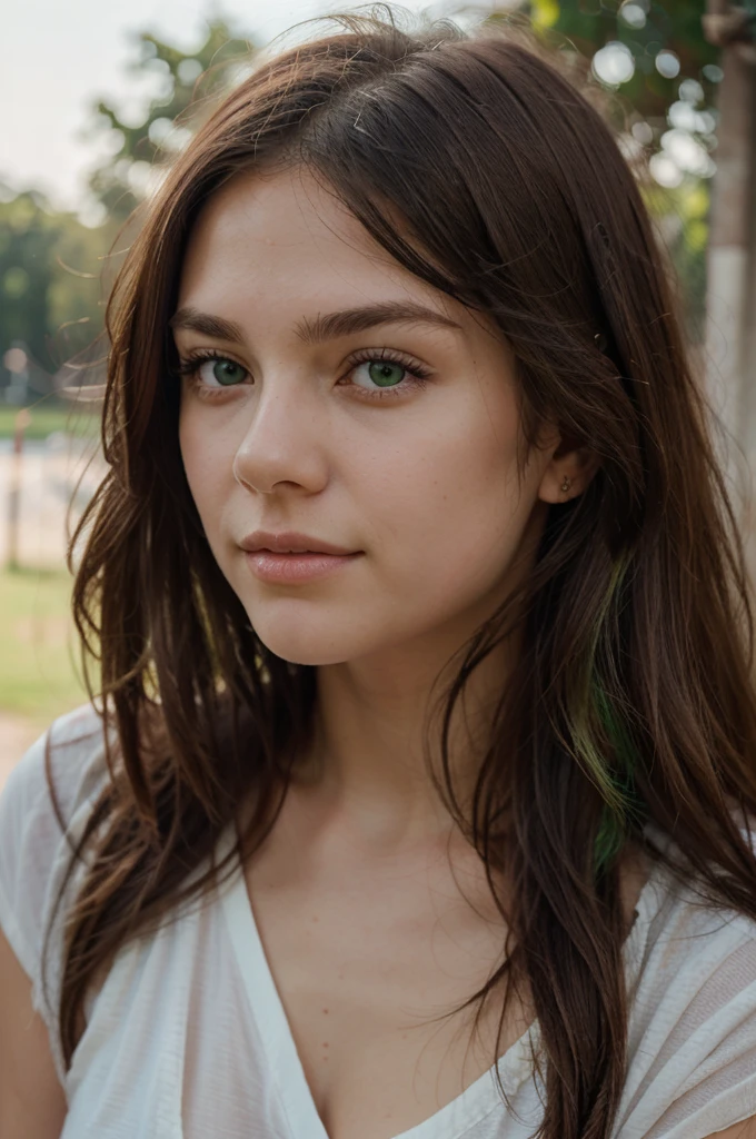 A photorealistic portrait of a 18 -year-old perfect french girl with long, flowing red hair and striking green eyes. She should have a natural, approachable expression and be illuminated by soft, golden-hour sunlight. The background should be a scenic outdoor setting, perhaps a sunlit park or beach. Capture this image with a high-resolution photograph using an 85mm lens for a flattering perspective.
