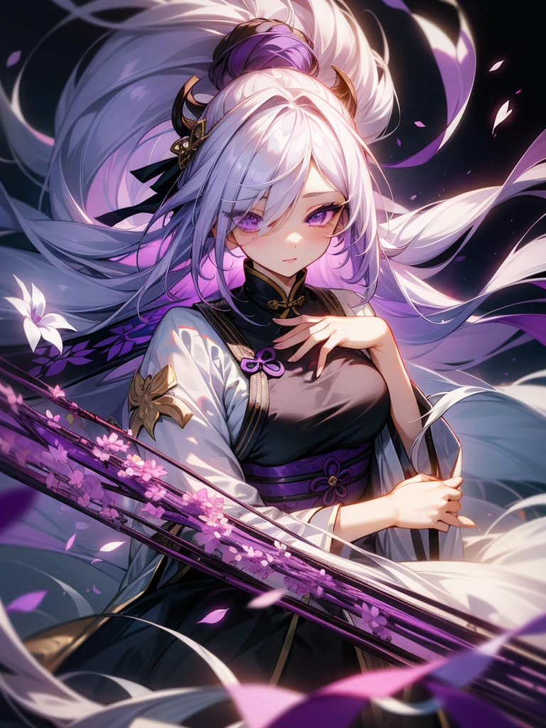 1girl, female, very long hair, white hair, hair covering one eye, purple eyes, purple petals, purple effects, chinese clothes, masterpiece, high quality, pastel colors,