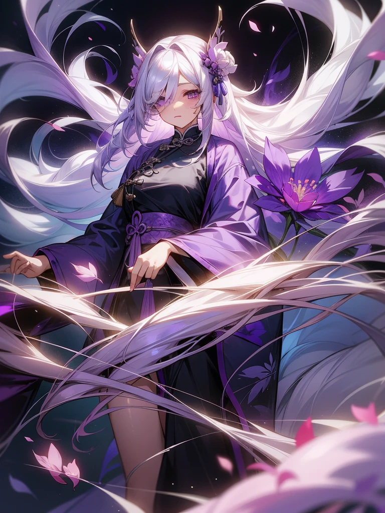 1girl, female, very long hair, white hair, hair covering one eye, purple eyes, purple petals, purple effects, chinese clothes, masterpiece, high quality, pastel colors,