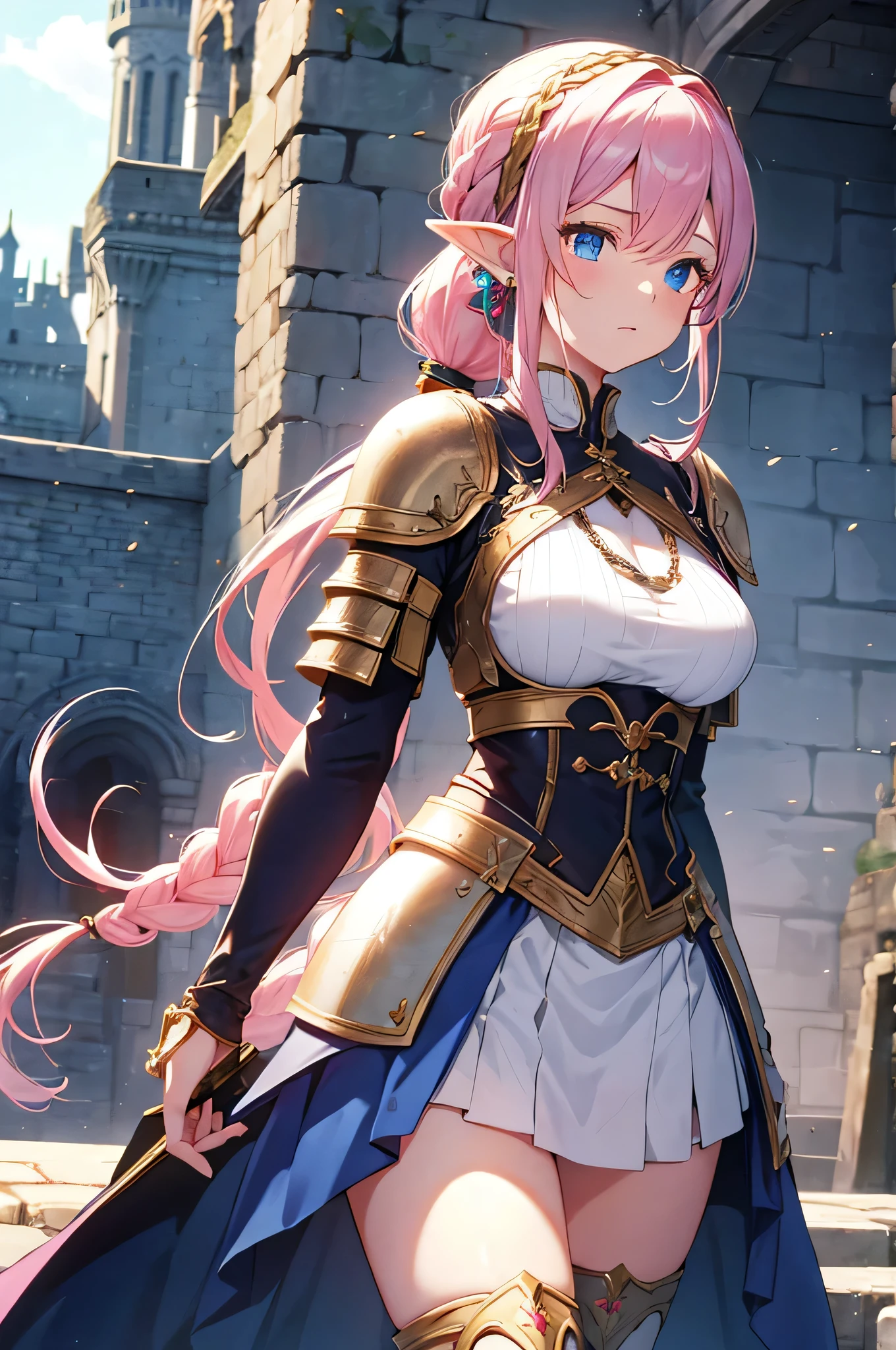 4K,High resolution,One Woman,Elf,Pink Hair,Long Ponytail,Braid,Blue Eyes,Big Breasts,knight,White sacred armor,Full Armor,hair band,Gold decoration,Jewelry decoration,Long sword,Medieval castle