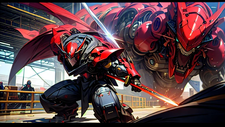 masterpiece、Highest quality、High resolution、8K、A giant dragon robot and a giant humanoid robot with a laser sword、Fight