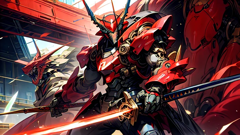 masterpiece、Highest quality、High resolution、8K、A giant dragon robot and a giant humanoid robot with a laser sword、Fight