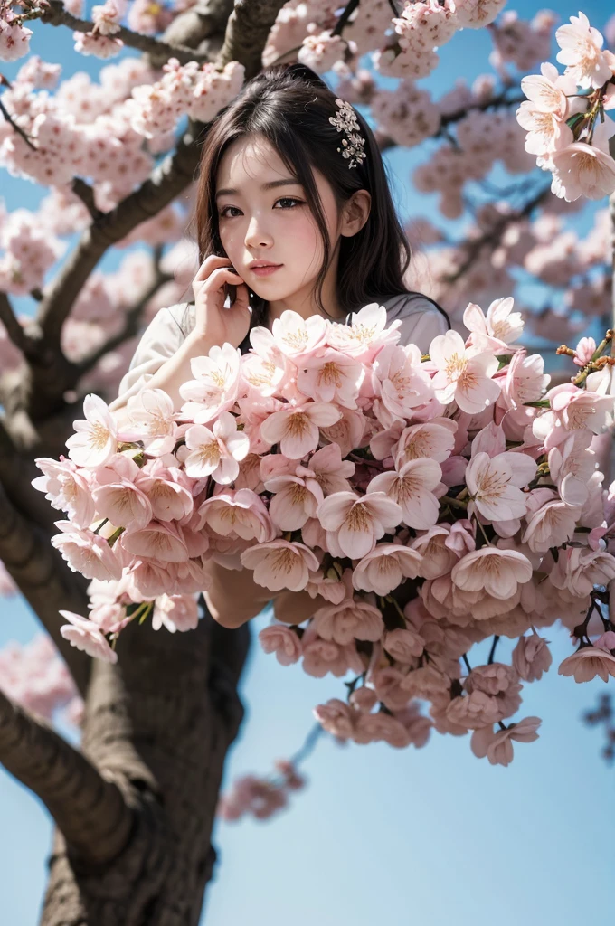 cherry blossoms、storm、petal、blow off,Petals fly all over the image。
