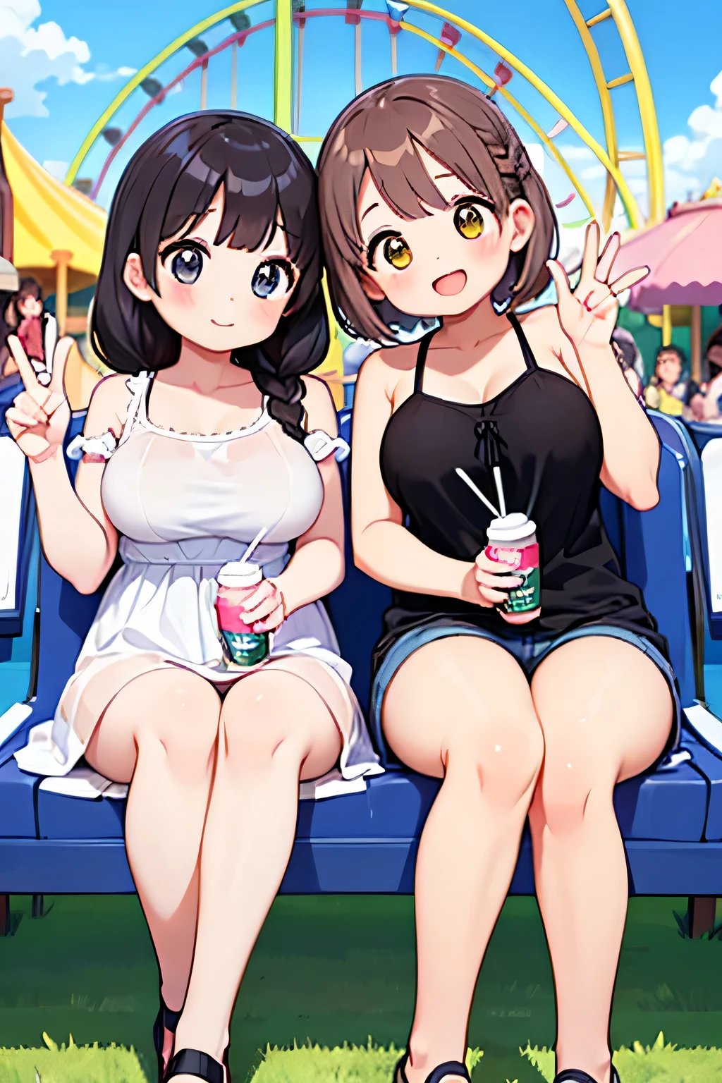 Highest quality、High resolution、Detailed Background、(Beautiful face in every detail:1.4)、Anatomically correct、(Detailed facial expressions)、age beauty、(Huge breasts:1.2)、Perfect body line、cute色の髪の色、Brown Hair、Black Hair、Braided bob cut、Braided Ponytail、Wavy Hairstyle、well-groomed eyebrows、A fun atmosphere、smile、Amusement park date、
(Two beautiful girls having fun with friends at an amusement park:1.5)、
Cool dresses and shirt dresses、Shorts or shorts、Sandals or sneakers are recommended、
夏らしい華やかなピアスやネックレスをプラスするのがcuteです、cute