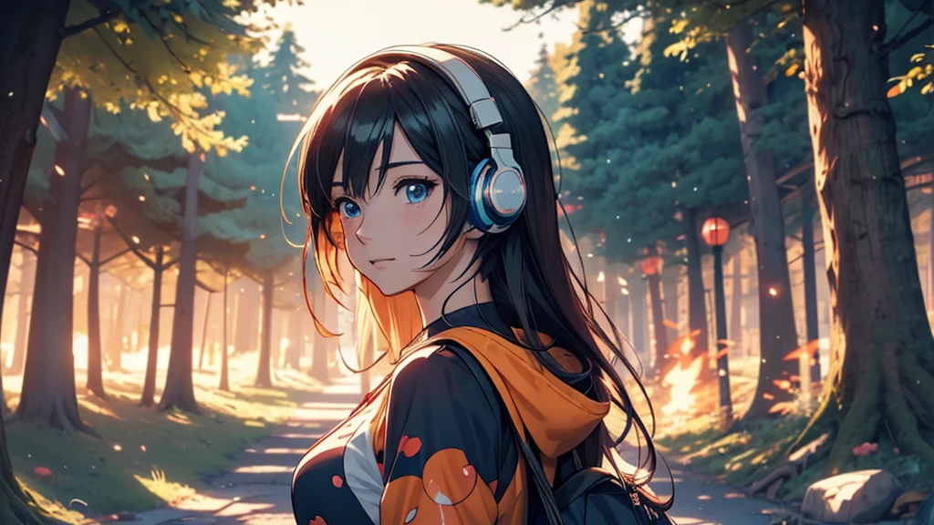 Woman wearing headphones, Anime Style 4 k, anime wallpaper 4k, anime wallpaper 4k, 4k anime wallpaper, anime art wallpaper 4k, anime art wallpaper 4k, Anime Style. 8K, Anime atmosphere, , Ultra HD Anime Wallpaper, Anime Art Wallpaper 8K, Anime Background,landscape、camp、camp、forest、Bonfire