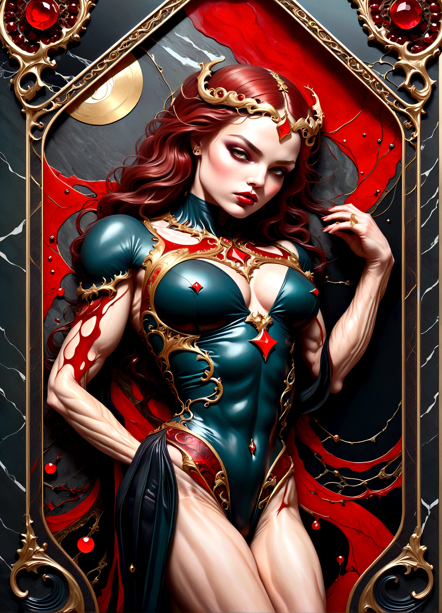 beautiful illustration of a very muscular vampire girl in an abstract marble texture with a tarot style frame, with colors of obsidian black, shiny gold, and ruby red, highly detailed, intricate design, BY Anne Bachelier,