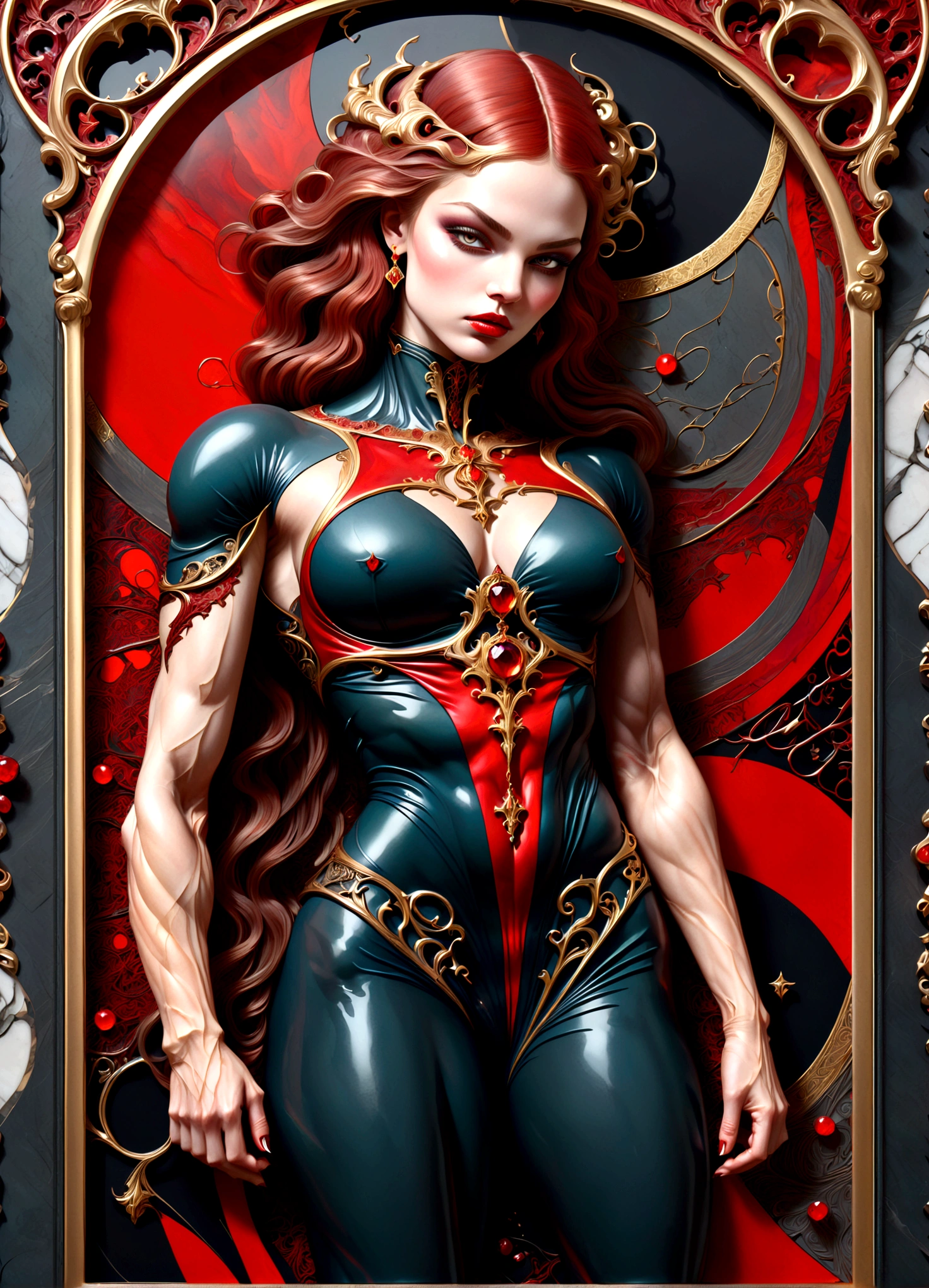  beautiful illustration of a very muscular vampire girl in an abstract marble texture with a tarot style frame, with colors of obsidian black, shiny gold, and ruby red, highly detailed, intricate design, BY Anne Bachelier,