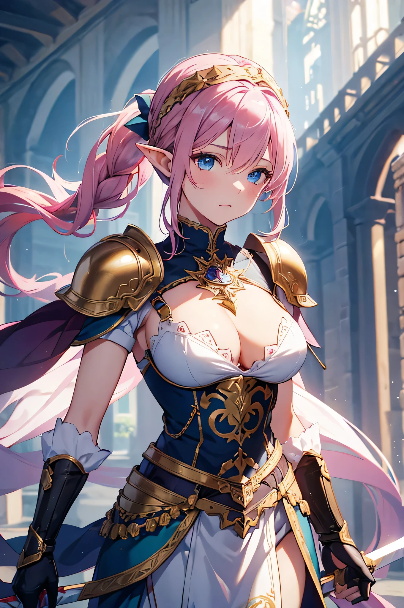 4K,High resolution,One Woman,Elf,Pink Hair,Long Ponytail,Braid,Blue Eyes,Big Breasts,knight,White sacred armor,Full Armor,hair band,Gold decoration,Jewelry decoration,Long sword,Medieval castle