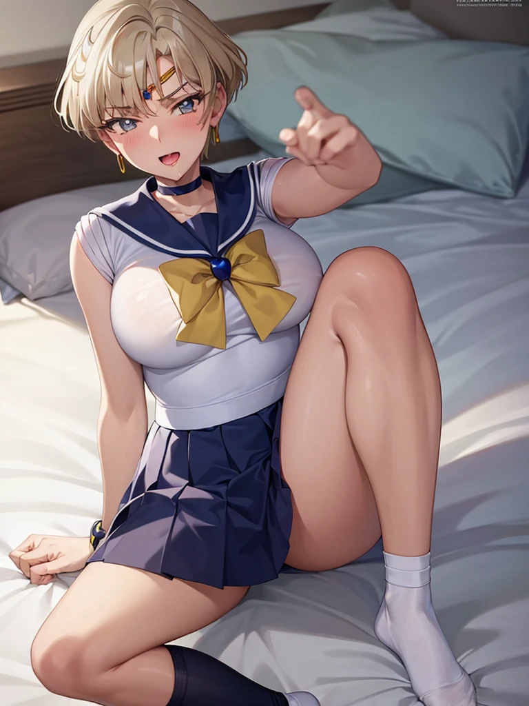 (masterpiece), highest quality, Expressive eyes, Perfect Face, Open your mouth, cum on tongue, Cum in mouth, tongue, tongue out, short hair, blush, , Ahegao, Medium chest, short hair, Sailor Moon Uranus, blonde, blush, Sweat、((naked))、Blowjob,penis、penis,Bend your legs,Big nipples,1Faceless middle-aged man、Selfie, lie down in bed with both arms extended above the head and placed behind the pillow, anime girl lying down, expose plump breasts, whole body, plump thighs, Natural Pose, beautifully, cute, Fix errors without any awkwardness, tall, I have long legs, Wearing (tomoeda_초등school_school_Uniform),black top, tennis mini skirt,cry in shame, wearing white ankle socks, random sexy poses, Woman in her 30s