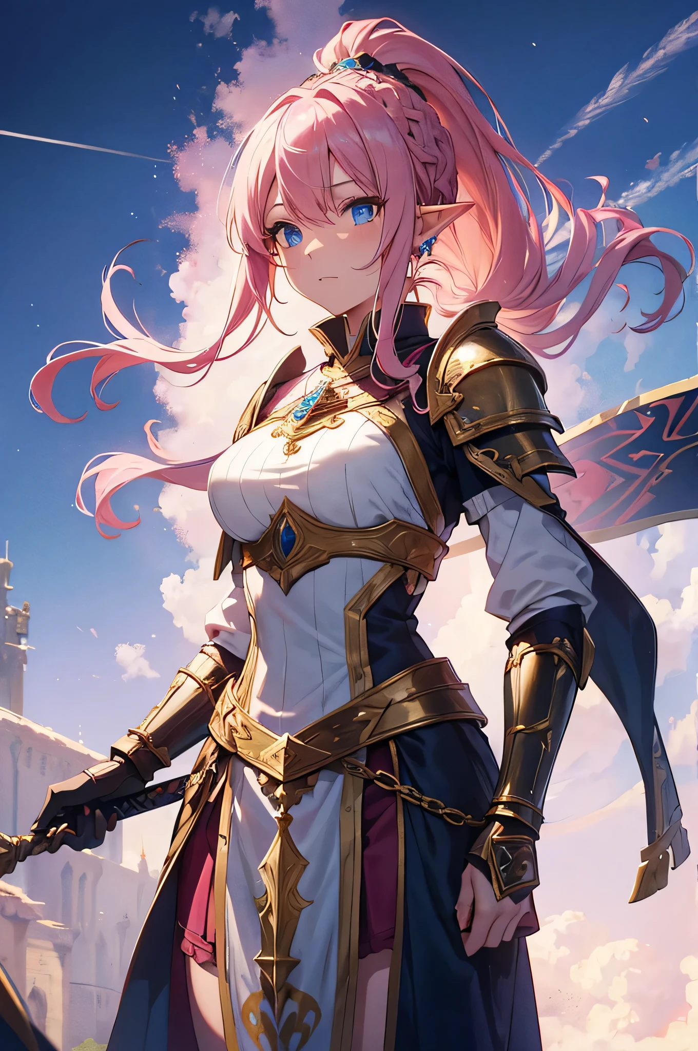 4K,High resolution,One Woman,Elf,Pink Hair,Long Ponytail,Braid,Blue Eyes,Big Breasts,knight,White sacred armor,Full Armor,hair band,Gold decoration,Jewelry decoration,Long sword,Medieval castle