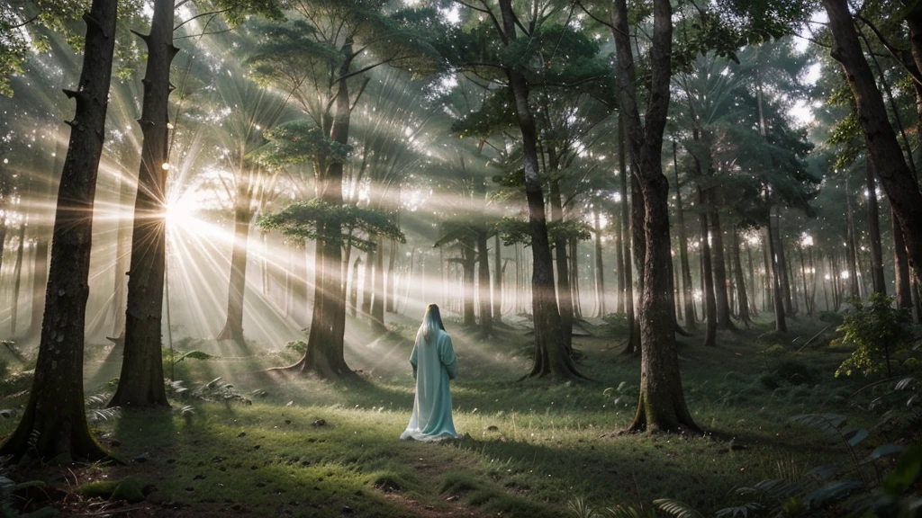 A mist-covered ancient forest at dawn, with sunlight filtering through the dense foliage. Amidst the trees stands a solitary figure, dressed in robes adorned with celestial symbols. Their gaze is fixed upwards, where a luminous portal hovers, radiating soft beams of light. Animals native to the forest gather around, peacefully observing this mystical scene, conveying a sense of harmony between nature and the spiritual realm."