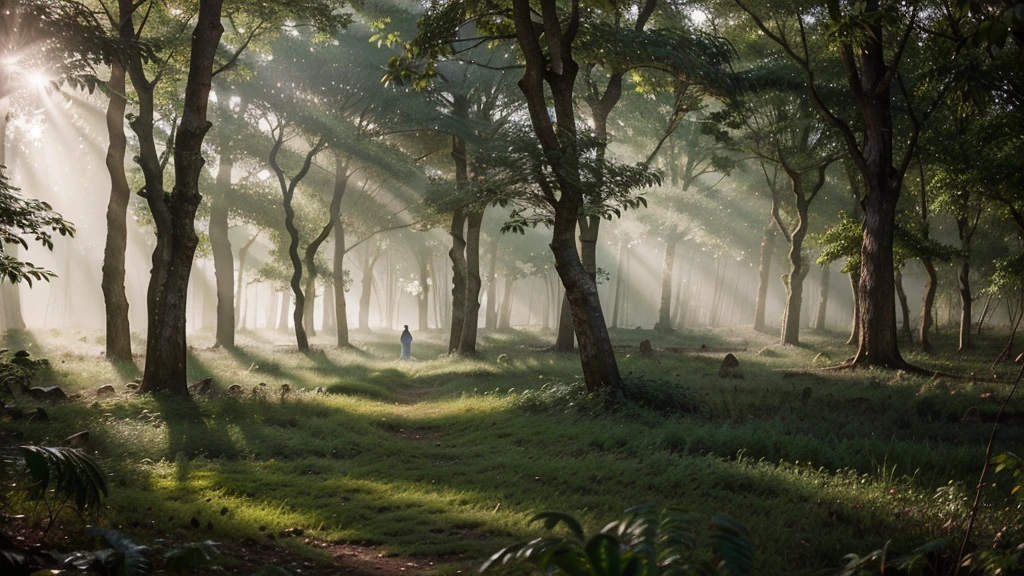 A mist-covered ancient forest at dawn, with sunlight filtering through the dense foliage. Amidst the trees stands a solitary figure, dressed in robes adorned with celestial symbols. Their gaze is fixed upwards, where a luminous portal hovers, radiating soft beams of light. Animals native to the forest gather around, peacefully observing this mystical scene, conveying a sense of harmony between nature and the spiritual realm."