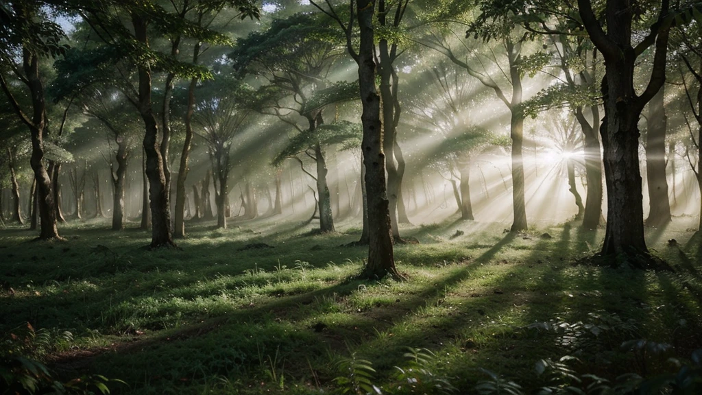 A mist-covered ancient forest at dawn, with sunlight filtering through the dense foliage. Amidst the trees stands a solitary figure, dressed in robes adorned with celestial symbols. Their gaze is fixed upwards, where a luminous portal hovers, radiating soft beams of light. Animals native to the forest gather around, peacefully observing this mystical scene, conveying a sense of harmony between nature and the spiritual realm."
