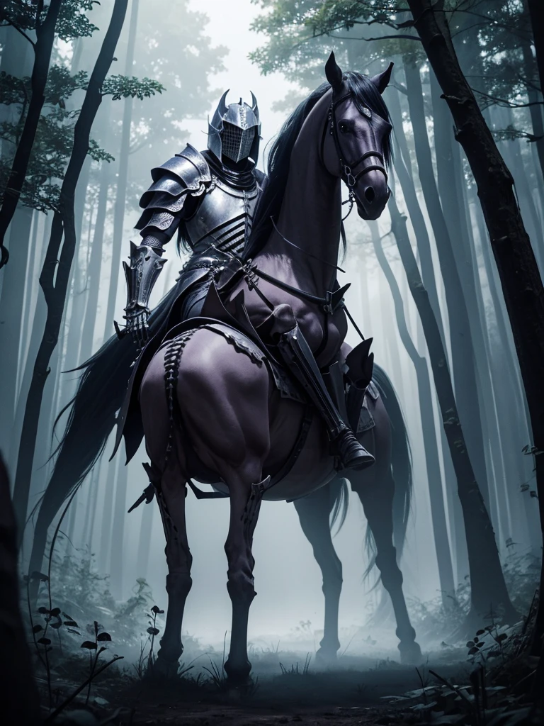 Knight riding, bone skeleton horse, knight has dark black hair, they come from a mist forest village, the knight hold a great dark purple sword