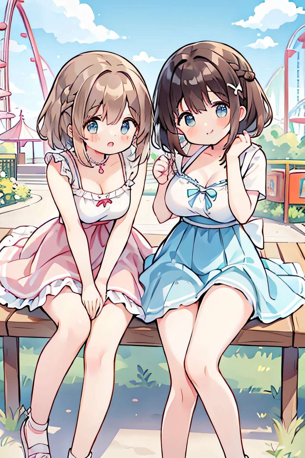 Highest quality、High resolution、Detailed Background、(Beautiful face in every detail:1.4)、Anatomically correct、(Detailed facial expressions)、Teenage beauty、(Huge breasts:1.2)、Perfect body line、cute色の髪の色、Brown Hair、Black Hair、Braided bob cut、Braided Ponytail、Wavy Hairstyle、well-groomed eyebrows、A fun atmosphere、smile、Amusement park date、

(Two beautiful girls having fun with friends at an amusement park:1.5)、

Cool dresses and shirt dresses、Shorts or shorts、Sandals or sneakers are recommended、
夏らしい華やかなピアスやネックレスをプラスするのがcuteです、cute