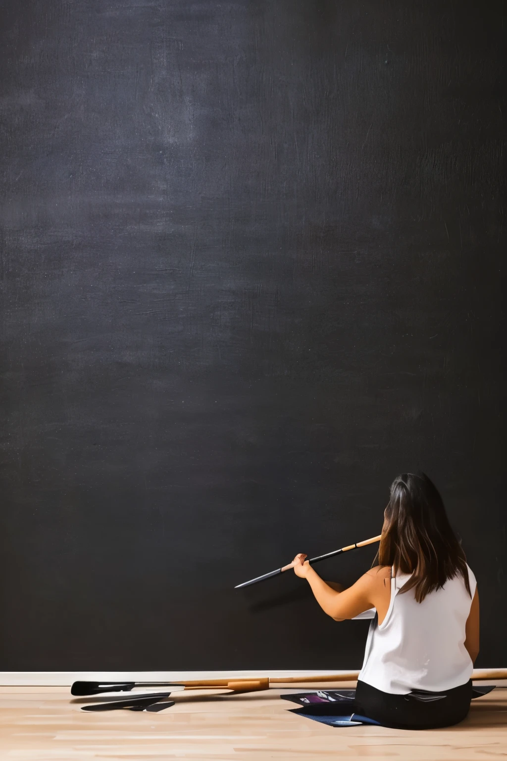 1 Female,  A woman painting with a large brush, (((In front of me is a huge black canvas))), Alone in the empty, pitch black world of night, There&#39;s a black canvas that appears before my eyes, ((Painting colorful pictures on the wall with a brush))